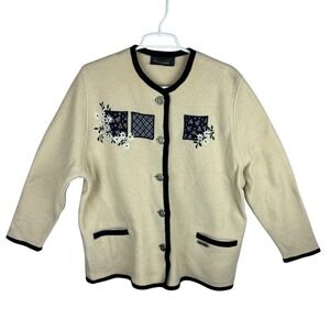 Vintage Wesenjak Women Pure New Wool Cardigan Sweater Jacket Cream Blue US Sz 14